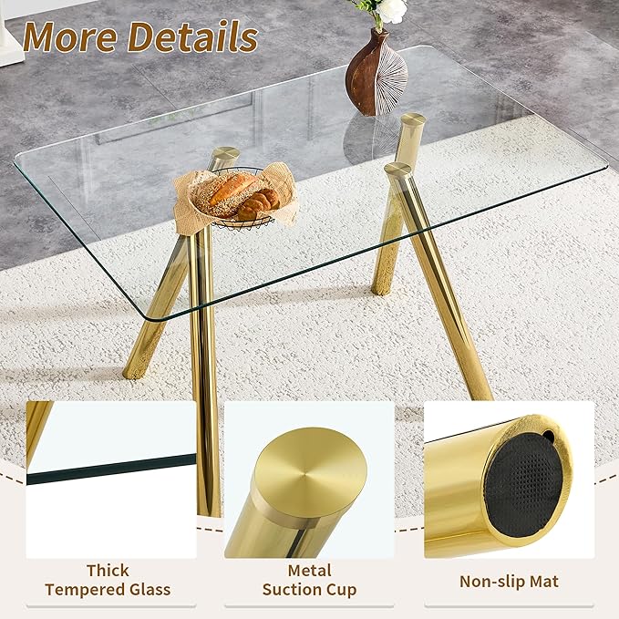 Modern Glass Dining Table for 6, 51.2" Rectangular Dining Table with Tempered Glass Top & Metal Legs, Gold Kitchen Table for Dinner Dining Room Living Room