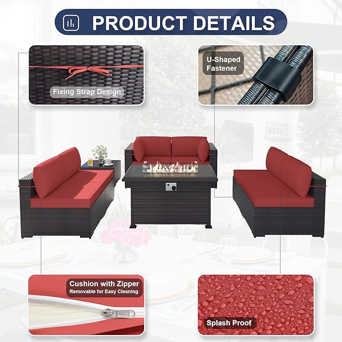 Kurapika 8 Pieces Patio Furniture Set, Rattan Wicker Outdoor Conversation Sets w/43in Propane Fire Pit Table and 4 Inch Cushion(Red)