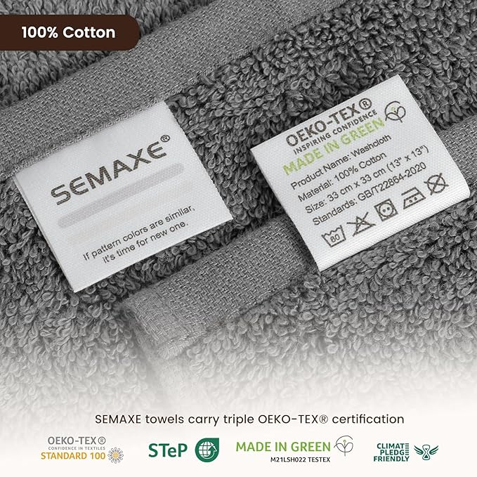 SEMAXE 100% Cotton Washcloths for Bathroom - 24 Pack, Quick-Dry Face Towels with Hanging Loop, Highly Absorbent and Soft, 13x13 Inch, Grey