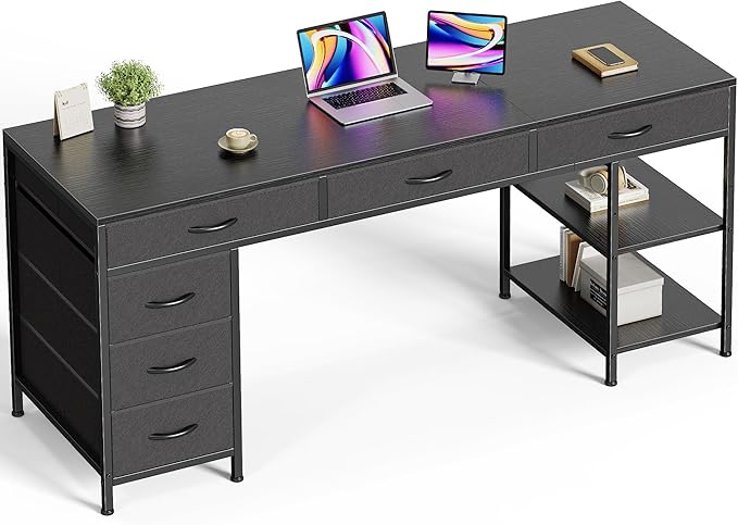 Huuger Computer Desk with 6 Drawers, 63 Inch Office Desk with Shelves, Reversible Gaming Desk, Corner Desk with Storage, for Home Office, Study, Living Room, Black
