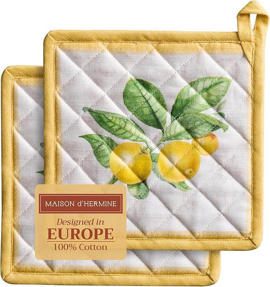 Maison d' Hermine Pot Holders Set 100% Cotton Heat Resistant Potholders 8" x 8" Hot Pads with Loop BBQ, Cooking, Baking, Grilling, Kitchen, Handling Hot Pans Spring/Summer (Pack of 2, Limoncello)