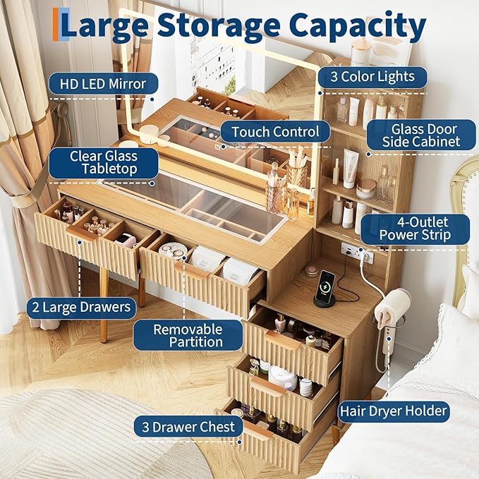 GarveeHome Fluted Makeup Vanity Desk with Lights, 48 in Big Vanity with Glass Top and Large 36" HD Lighted Mirror, Modern Dressing Table with 5 Drawers 3-Tier Shelves Set w/Charging Station (Oak)