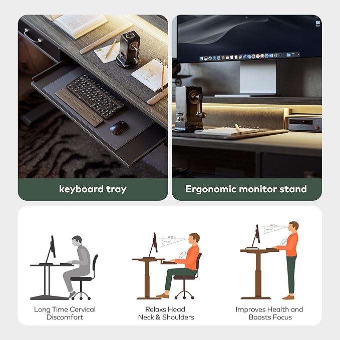 FEZIBO 55 x 24 Inch Height Adjustable Electric Standing Desk with Double Drawers&Keyboard Tray, Stand Up Desk with LED Strips&Monitor Stand,Rustic Grey Top