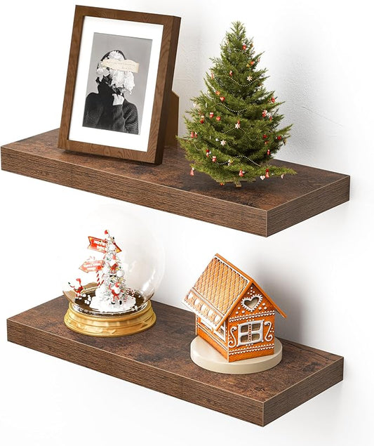 Heimlove Floating Shelves for Wall,16 inchs Shelf for Small Bathroom,Mounted Storage & Display Shelves for Bedroom,Living Room,Kitchen,Office,Set of 2,Rustic Brown