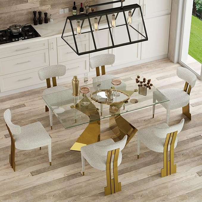 63in Gold Dining Table, Rectangular Glass Dining Table for 4-6 with Waved Legs in Polished Gold Chrome Finish, for Luxury Kitchen, Dining Room, Living Room,Apartment
