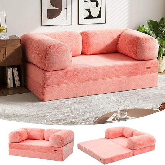 COMAX 4-in-1 Futon Sofa Bed, Queen Size Foldable Couch with L-Shaped Armrests, Convertible Sleeper Chair Bed, Comfortable Lounge Mattress for Living Room and Bedroom, Snow Orange