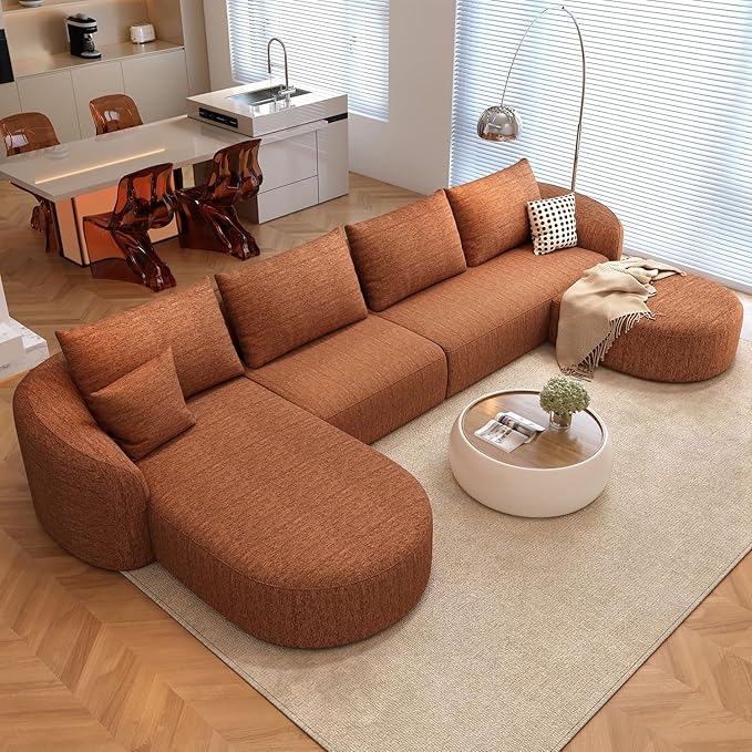 138.6" Modular Sectional Couches Luxury Modern Curved Back U-Shape Sofa Set with Ottoman,Minimalist Comfy Boneless Cloud Couch for Living Room Apartment,(Left Facing Chaise,Orange)