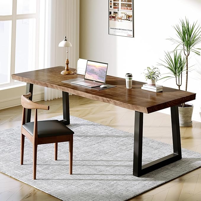 Solid Wood Desk 55 inches, Home Office Computer Desk Wooden Rustic Writing Desk Metal Modern Simple Design Executive Real Wood Desk(Dark Brown)
