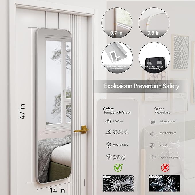 47x14 Mirror Full Body Length Door Hanging/Rope Hang/Wall Mounted Metal Frame Rectangle Mirrors for Bedroom Bathroom Dressing Living Room 47 inch Silver