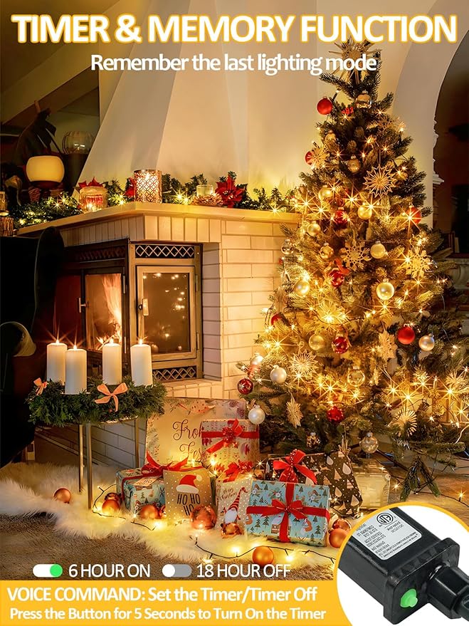 2025 New Christmas String Lights with Voice Control Outdoor/Indoor, 200 LED 75.8FT Extendable Christmas Lights Green Wire, 12 Modes & Timer, Waterproof Fairy Lights for Xmas Party Garden (Warm White)