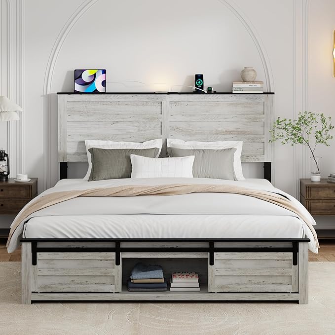 Queen Size Bed Frame with Wood Headboard, Wooden Platform Bedframe with Sliding Barn Door Footboard and Charging Station Easy Assembly, No Box Spring Needed (Boho White, Queen)