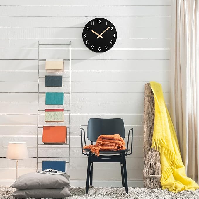 Plumeet 16'' Extra Large Wall Clock Frameless Wooden Clocks with Silent Quartz Movement - Modern Style Village Wall Clocks Decorative Home Kitchen - Battery Operated (Black)