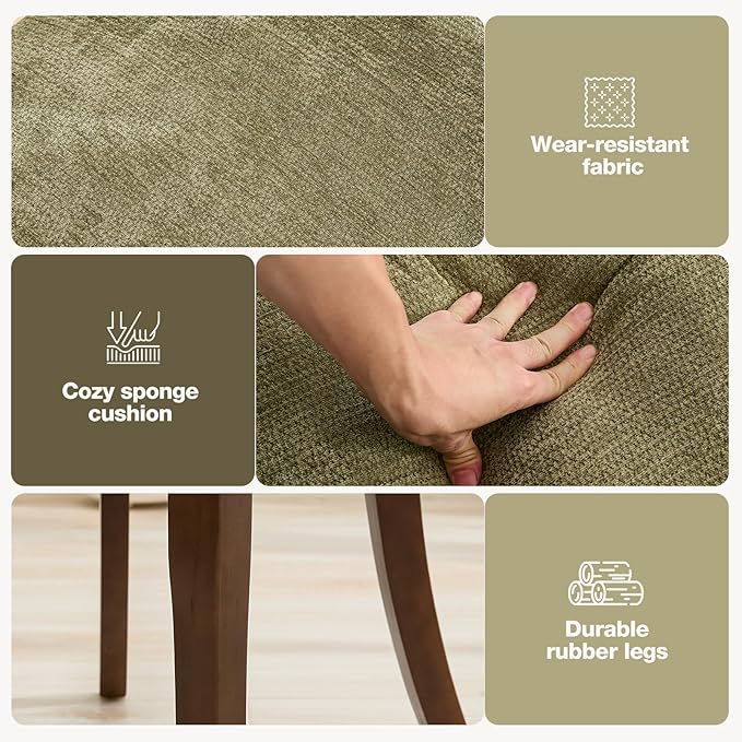 UVV Wooden Dining Chairs Set of 2, Mid Century Modern Chenille Upholstered Dining Room Chair Kitchen Chairs, Farmhouse Dinner Chair with Solid Wood Legs for Kitchen Dining Room, Green