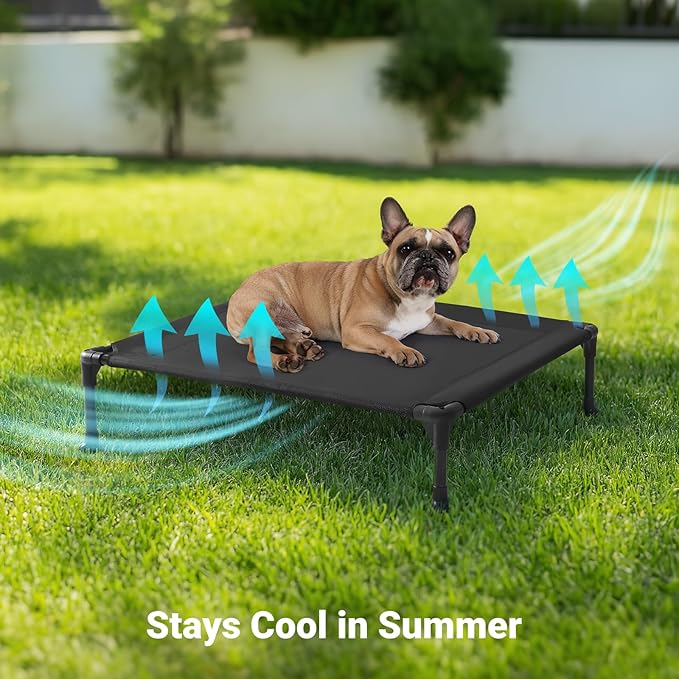 Veehoo Outdoor Elevated Dog Cot Bed, Cooling Raised Pet Bed for Medium Dogs, Washable Breathable Mesh Hammock Bed with No-Slip Feet, Indestructible Ground Off Training Platform Cot-32"x25"Black Silver