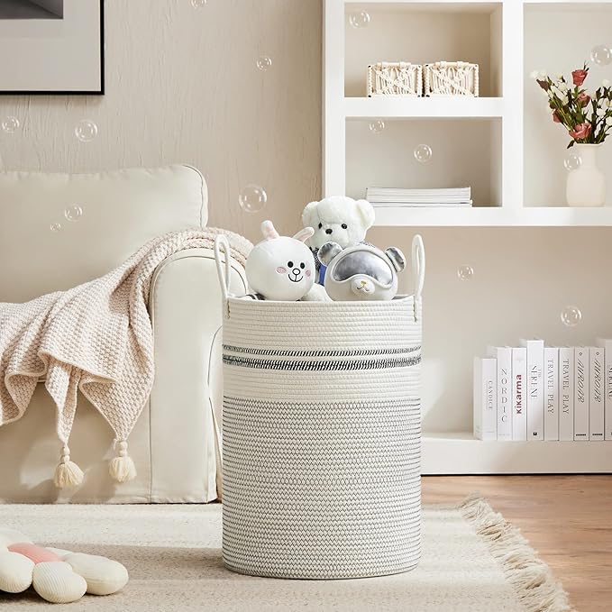 VIPOSCO Large Laundry Hamper, Tall Woven Rope Storage Basket for Blanket, Toys, Dirty Clothes in Living Room, Bathroom, Bedroom - 72L Stripe White