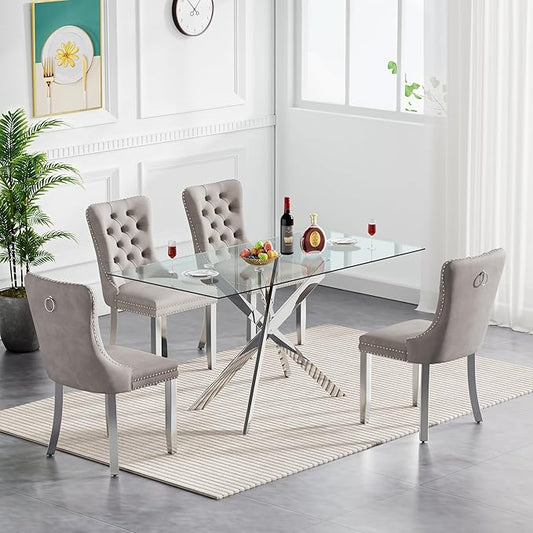 Goujxcy Glass Dining Table Set for 4, Modern Kitchen Table and Chairs Set of 4, 5-Piece Kitchen Dining Room Table Set w/51 Glass Metal Dining Table and 4 Grey Velvet Upholstered Chairs