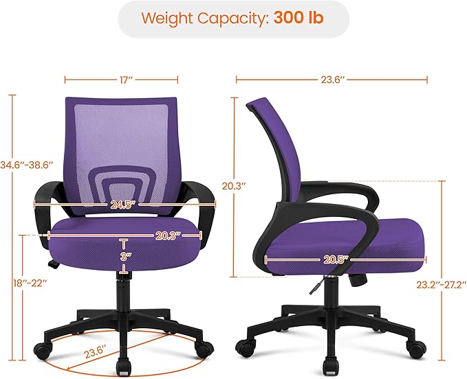 Yaheetech Office Chair Ergonomic Mesh Chair w/Lumbar Support Armrest Wheels Comfortable Racing Seat Adjustable Swivel Rolling Home Executive Mid Back Computer Chair for Adults, Purple
