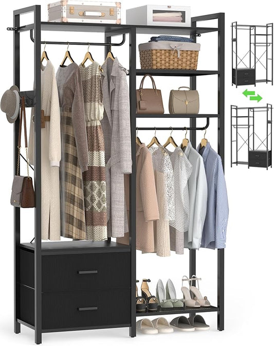 78.7'' Clothes Rack for Hanging Clothes - Reversible Clothing Rack with 2 Drawers, Heavy Duty Garment Racks with Shelves, 6 Tiers Freestanding Portable Closet Wardrobe System with Hanging Hooks, Black