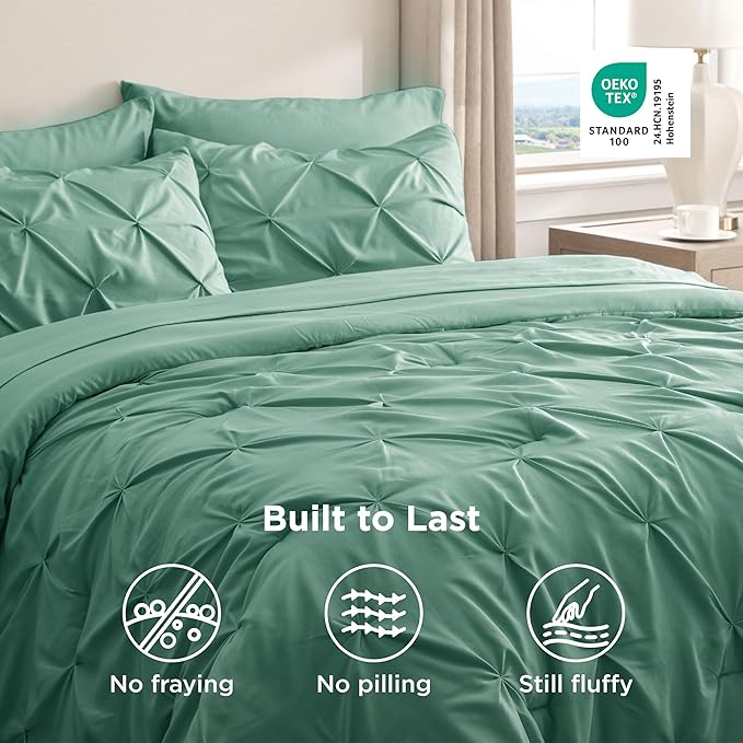 Bedsure Twin Comforter Set Graysih Green - Bed in a Bag Twin Size Bedding 5 Pieces, GentleSoft™ Pintuck Bed Set Gift for Family, Pinch Pleat Graysih Green Comforter with Sheets, Pillowcase & Sham