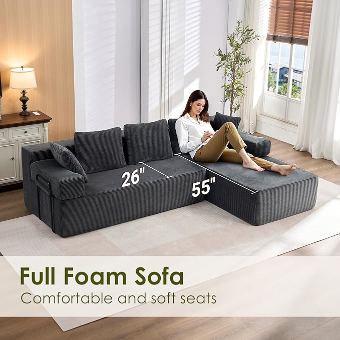 105" L-Shaped Modular Sectional Sofa with L-Shaped Boneless Couch, Cloud Couches for Living Room with Removable Arms, Convert Left/Right Facing, Plush Corduroy, No Assembly, Grey