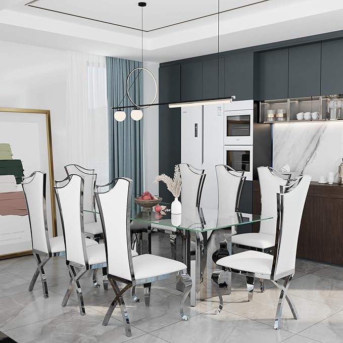 Asday 78" Glass Dining Table, Silver Dining Room Table with Double Pedestal Mirrored Stainless Steel Base, Large Modern Rectangular Kitchen Table for 6-8