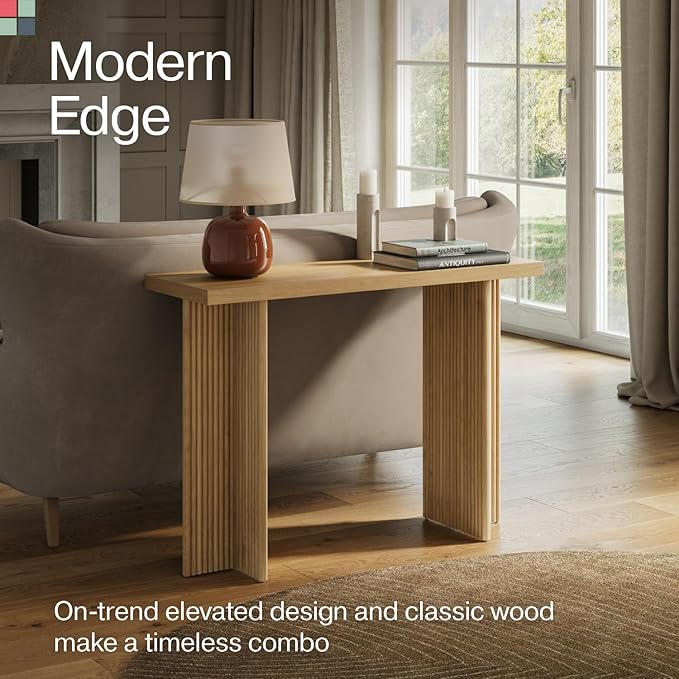Modern Console Table - Natural Oak, Fluted Solid Wood - Slim Entryway Table with Drawers & Curved Cross Base