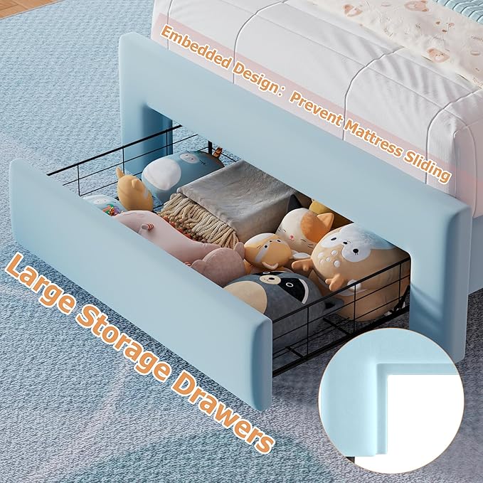 Twin Upholstered LED Bed Frame with Storage Drawer and Adjustable Chic Double Wavy Headboard, Velvet Princess Platform Bed for Kids/Girls, Solid Wood Slats Support, No Box Spring Needed, Blue