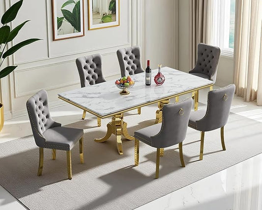 Goujxcy Faux Marble Dining Table Set for 6, Modern 7-Piece Dining Table Set with 6 Velvet Upholstered Chairs, 70" Large Long Faux Marble Kitchen Dining Room Table and Chairs with Stainless Steel Legs