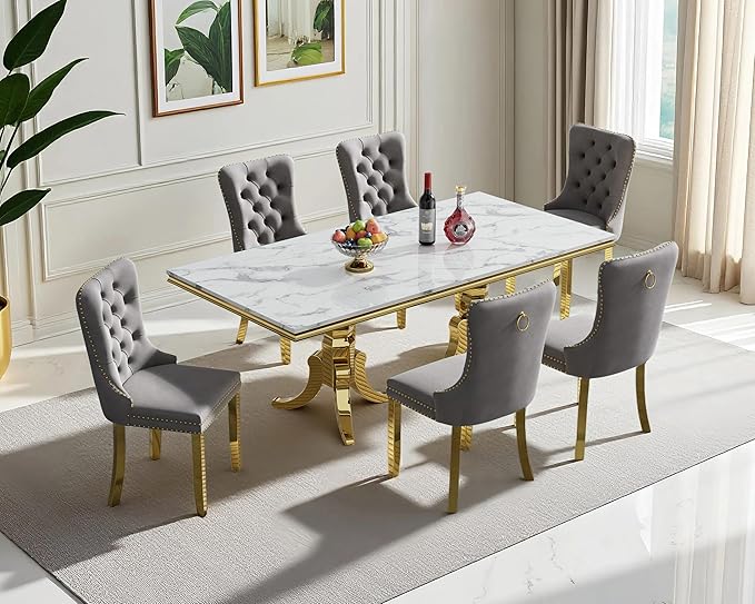 70" Faux Marble Dining Table Set for 6, 7-Piece Dining Set with White Gold Kitchen Table and 6 Velvet Tufted Chairs, Modern Rectangular Dining Room Table with American-Shape Stainless Steel Base