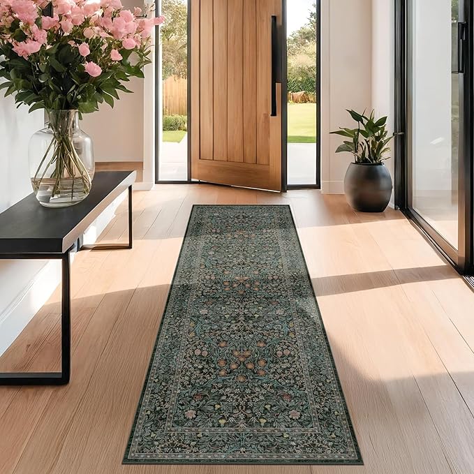 Dark Green 2x7 Long Washable Runner Rug Non Slip, Throw Rugs Runners for Kitchen Hallways Entryway Bathroom Laundry Room, Floor Mat Vintage Floral Carpet Low Pile Stain Resistant