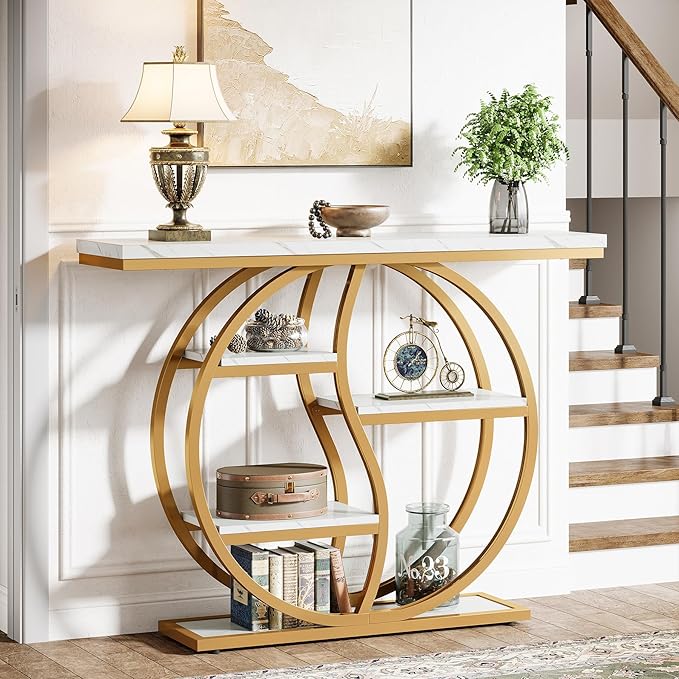 Tribesigns 47.24" Industrial Console Table, 5-Tier Entryway Table with Adjustable Feet, Narrow Long Sofa Table with Storage Shelves for Living Room, Hallway, Behind Couch, Anti-Tip Design (White Gold)