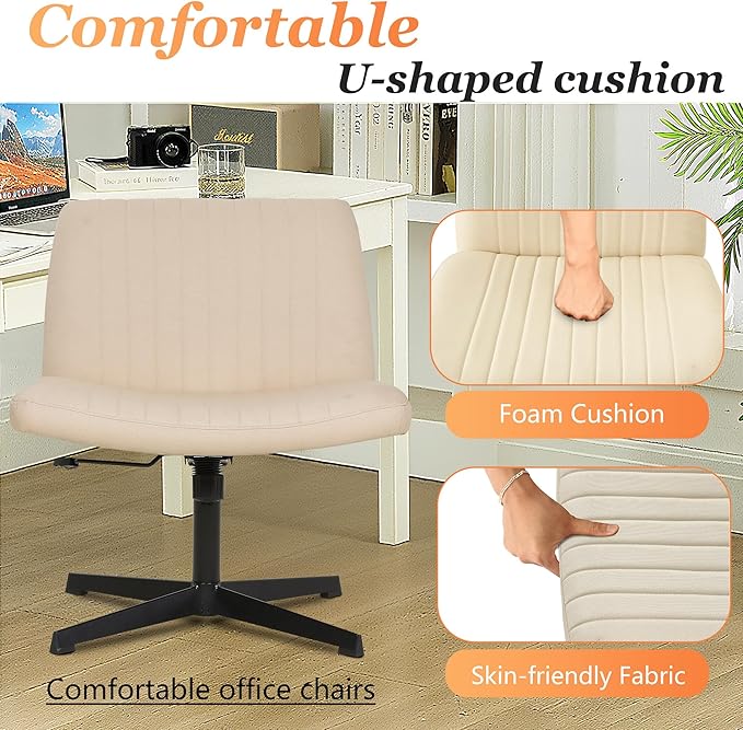 FDW Criss Cross Chair Armless Cross Legged Office Desk Chair Adjustable Swivel Ergonomic Desk Chair No Wheels U Shaped Backrest with Wide Seat Native Sponge Computer Task Vanity Chair for Home Office
