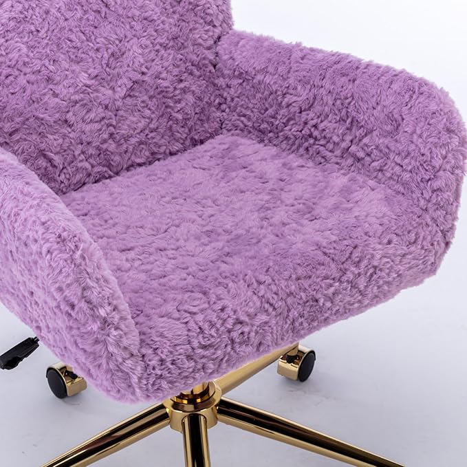 Goujxcy Faux Fur Home Office Teddy Fabric Swivel Chair - Height Adjustable Purple Elegant Vanity Chair for Teen Girls