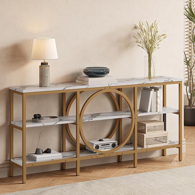 66.9-Inch Sofa Tables Narrow Long, 3 Tier Extra Tall Console Table Industrial Behind Couch Table Gold Large Console Tables for Living Room, Entryway, Hallway (White+Champagne Gold)