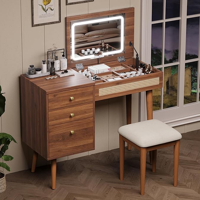 Merax 39" Retro Bohemian Style Vanity Desk, Makeup with Mirror & LED Lights, 3 Drawers & 10 Compartments Storage Dressing Table with Flip-Top Tabletop, Walnut