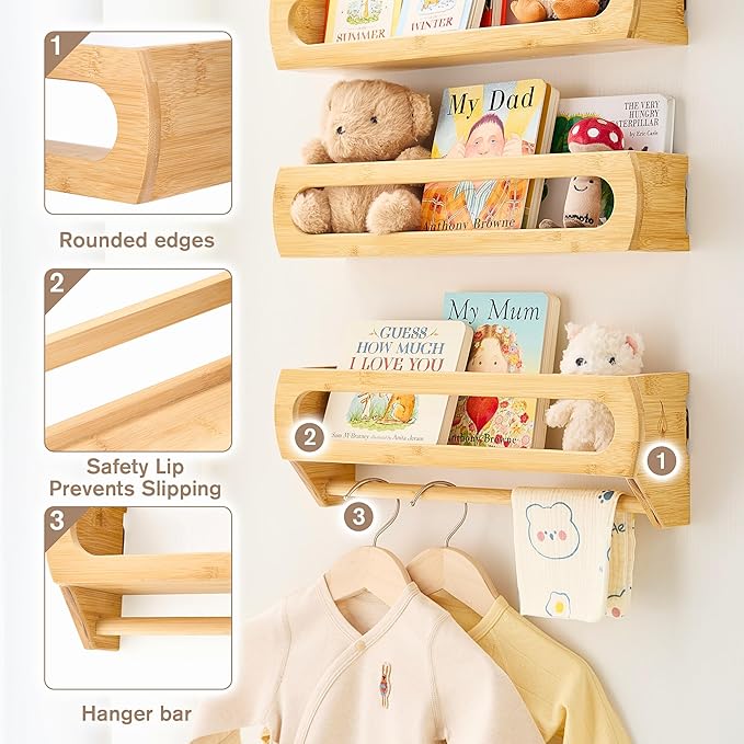 Bamboo Nursery Floating Book Shelves for Wall, Fully Assembled – Set of 3 Wall Mounted Bookshelves for Kids Room, Baby Room, Nursery Decor, 16.5 Inch Natural