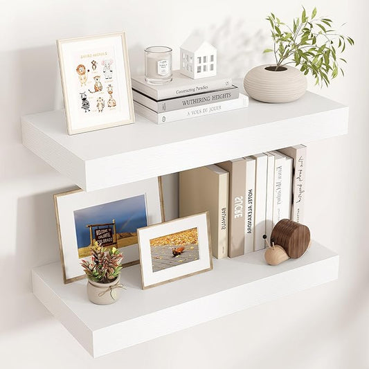 Floating Shelves for Wall, 24 Inch Wide x 12 Inch Deep Floating Shelves, Long Wood Floating Wall Shelf Shelves for Living Room Bathroom Bedroom Kitchen Home - (White, 24" W x 12" D x 2" H)