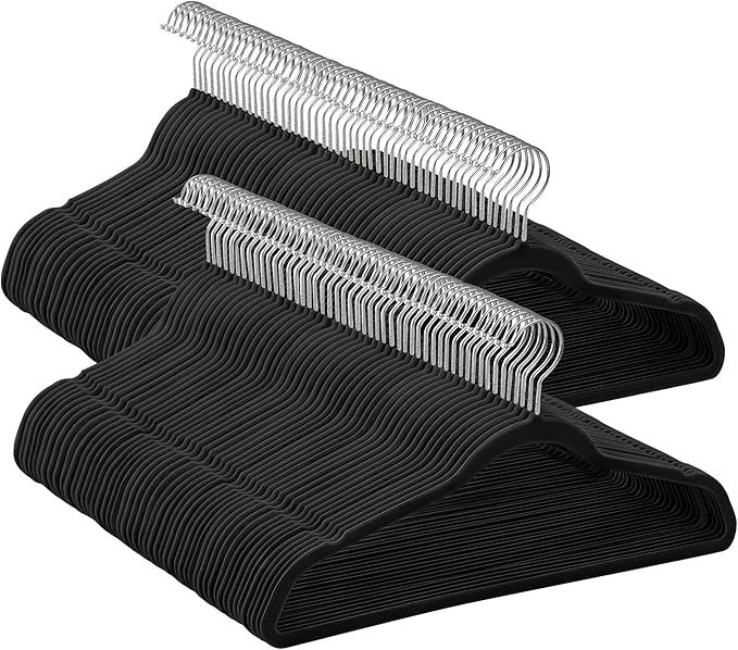 SONGMICS Velvet Hangers 100 Pack, Non-Slip Clothes Hangers with Silver-Colored Swivel Hooks, Slim Space-Saving for Closet, Heavy-Duty, Black UCRF026BZ02S