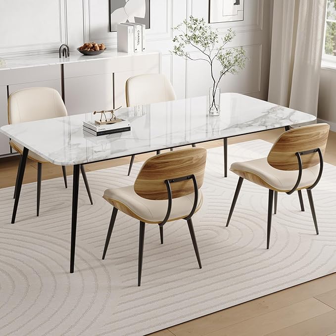 Mid Century Modern Dining Chairs Set of 2, PU Leather Armless Kitchen Chairs with Walnut Bentwood Back & Metal Legs, Sturdy Retro Accent Chairs for Dining Room, Living Room, Beige