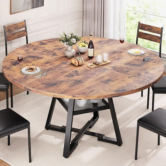 51'' Round Dining Table for 6,Kitchen Dining Room Circle Dinner Pedestal Table,Space Saving Wood Kitchen & Dining Room Furniture (Vintage, 51In)