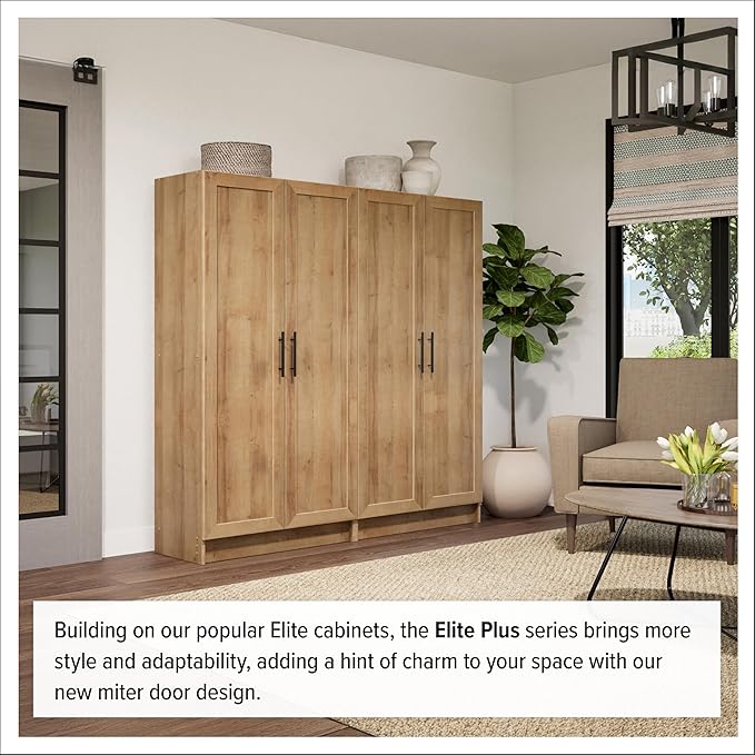 Prepac Natural Oak Elite 65" Tall Accent Kitchen Pantry Cabinet, Craft or Bathroom Storage Cabinet, Buffet Storage with Panel Doors, 3 Shelves, 32" W x 16.75" D x 65" H, Ideal for Home Organization