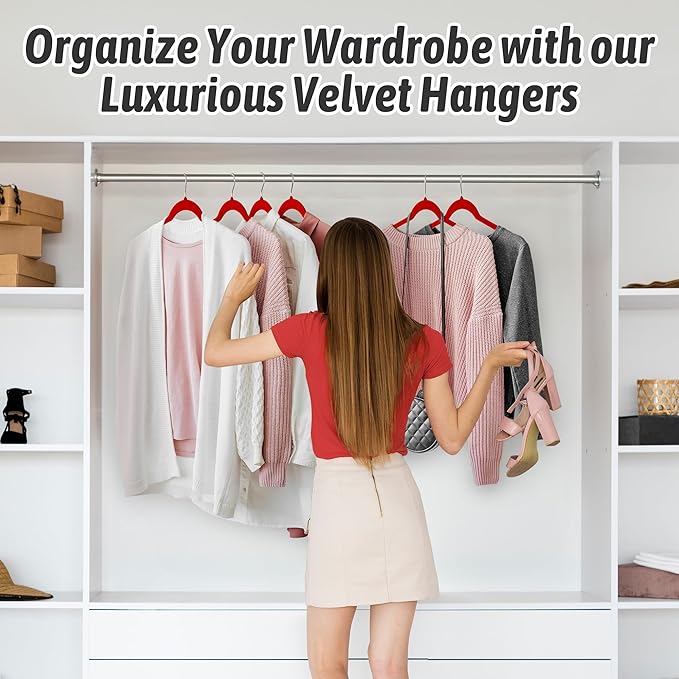 Velvet Hangers 50 Pack – Slim Non-Slip Flocked Hangers with 360° Swivel Hook, Space-Saving Closet Organizer for Dresses, Blouses, Coats(Red)
