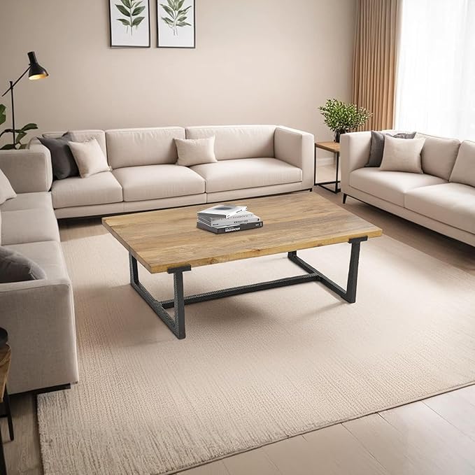 The Urban Port Marlon 48" Coffee Table | Handmade Aluminum Cast Frame | Natural Solid Mango Wood Top, Black and Brown