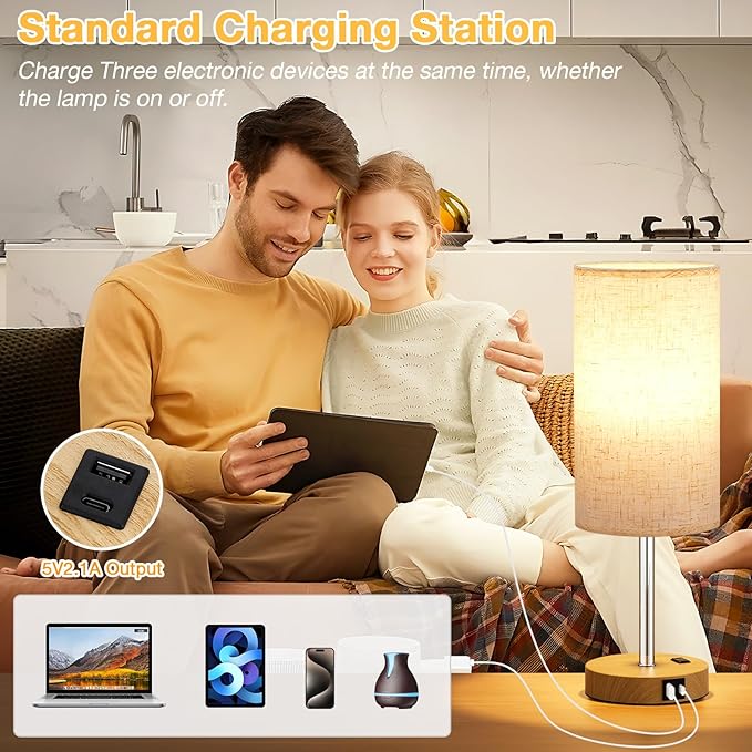 Dicoool Touch Bedside Table Lamp with USB - 3 Way Dimmable Wood Lamp for Bedroom Nightstand, Desk Lamp with Charging Station for Dorm, Office, Kids Room, Living Room