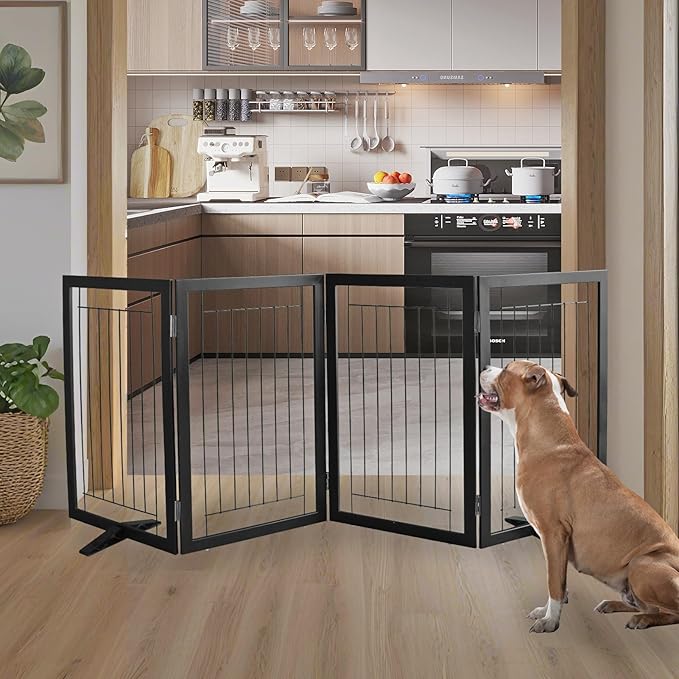 ZJSF Freestanding Dog Gate Indoor, Foldable Dog Fence for Doorways,Hallways or Stairs, Sturdy Wood Extra Wide Pet Gate with Support Feet,Black,32 "Height-4 Panels