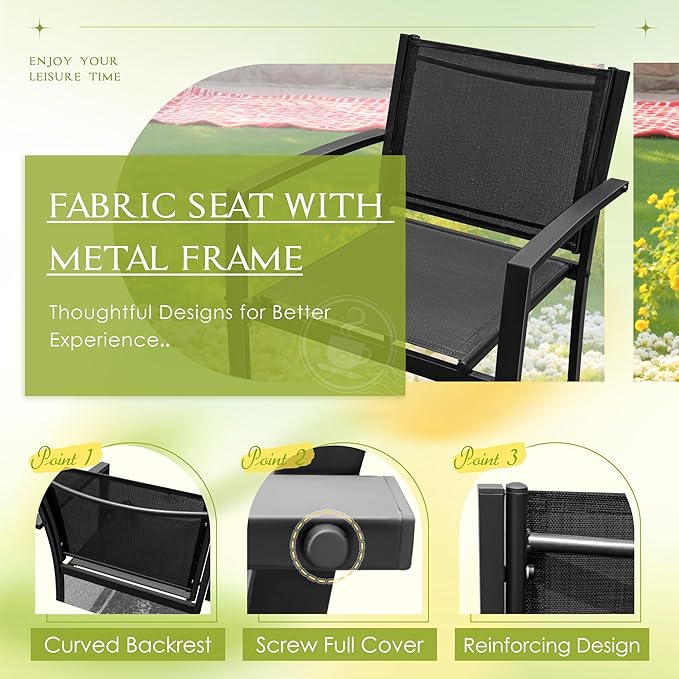 Greesum 4 Pieces Outdoor Furniture Set All Weather Patio Conversation Set with Porch Loveseat, Garden Bistro Chairs with Glass Coffee Table for Garden Backyard Poolside Textile Modern, Black