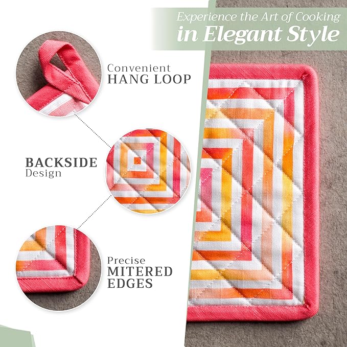 Maison d' Hermine 100% Cotton Oven Mitt & Pot Holder Set (7.5"x13" & 8"x8") Heat Resistant BBQ Cooking Gloves with Loop, Baking, Grilling, Kitchen, Handling Hot Pans Spring/Summer (Summer Maze)