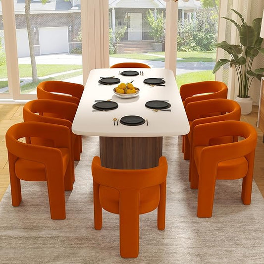 Modern Barrel Dining Chairs Set of 8, Velvet Upholstered Accent Side Chair with Arms Comfy Makeup Vanity Chairs, Dining Living Room Kitchen Chairs, Orange