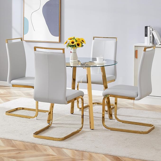 Round Dining Table Set for 4,36" Glass Dining Table Set for 4 with Stainless Steel Leg,Small Kitchen Table Set for 4 with Cushion Chairs,5 Piece Dining Table Set Space Saving