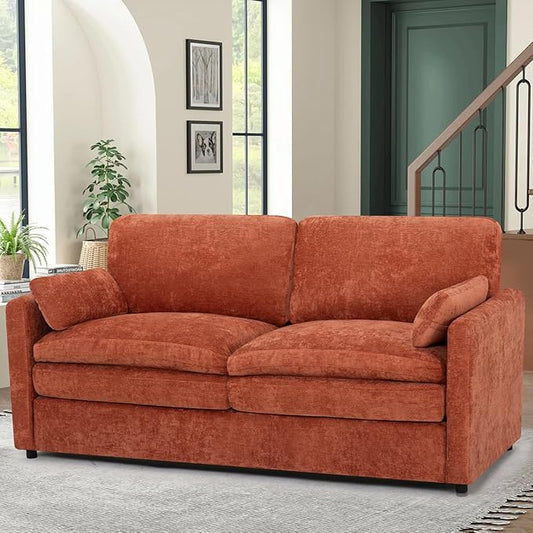 69” Chenille Loveseat Sofa w/Arm Pillows, Upholstered 2-Seater Sofa w/Comfortable Back Cushions, Modern 2 Seats Couch w/High-Density Foam for Living Room, Apartment, Office, Orange